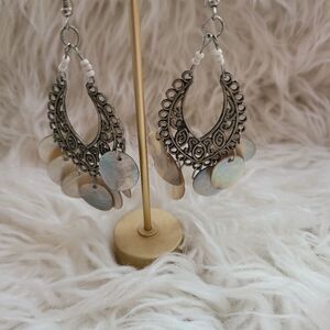 CHANDELIER antique copper filigree earrings with shell accents NWOT